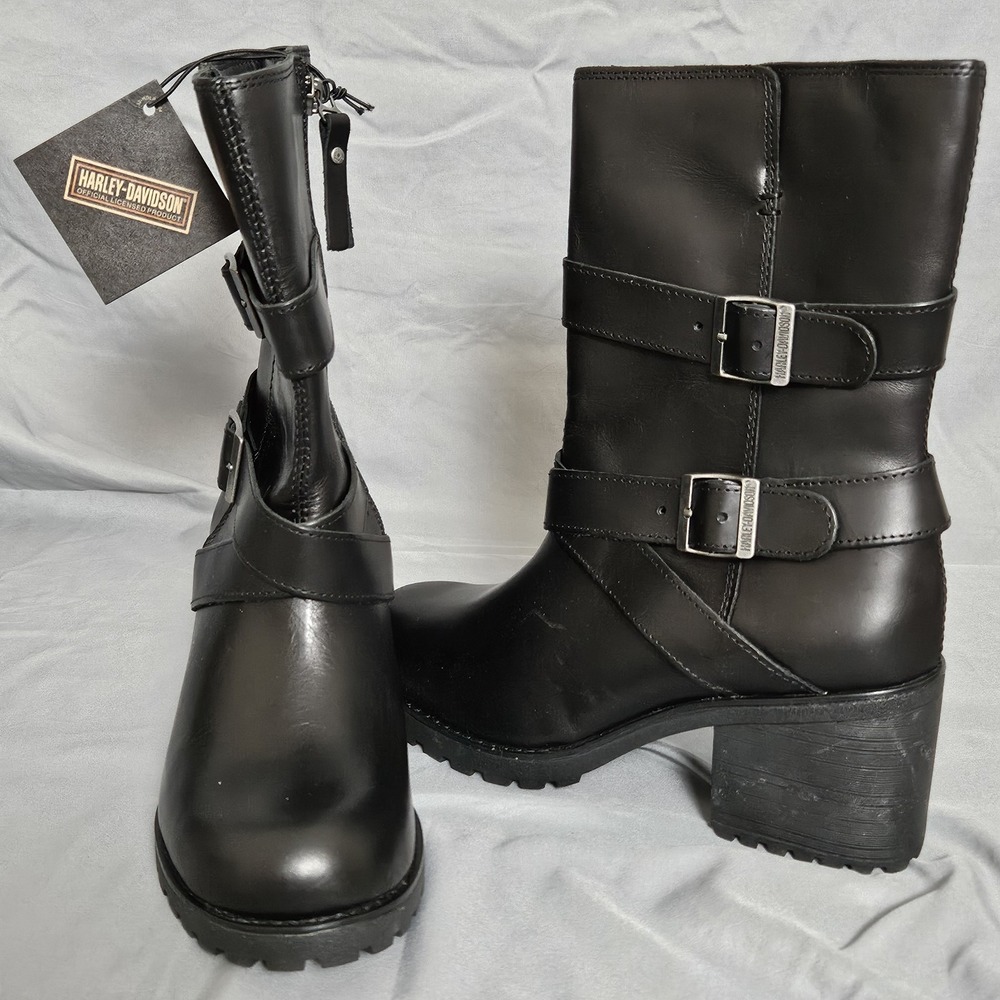 Harley-Davidson Women's D84713 Black‎ Leather Moto Boots Buckle Zip 8M NWT